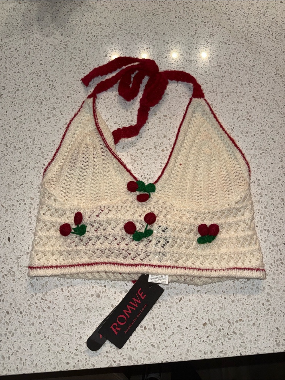 ROMWE Cream Crochet Halter Top with Red Cherry Embellishments